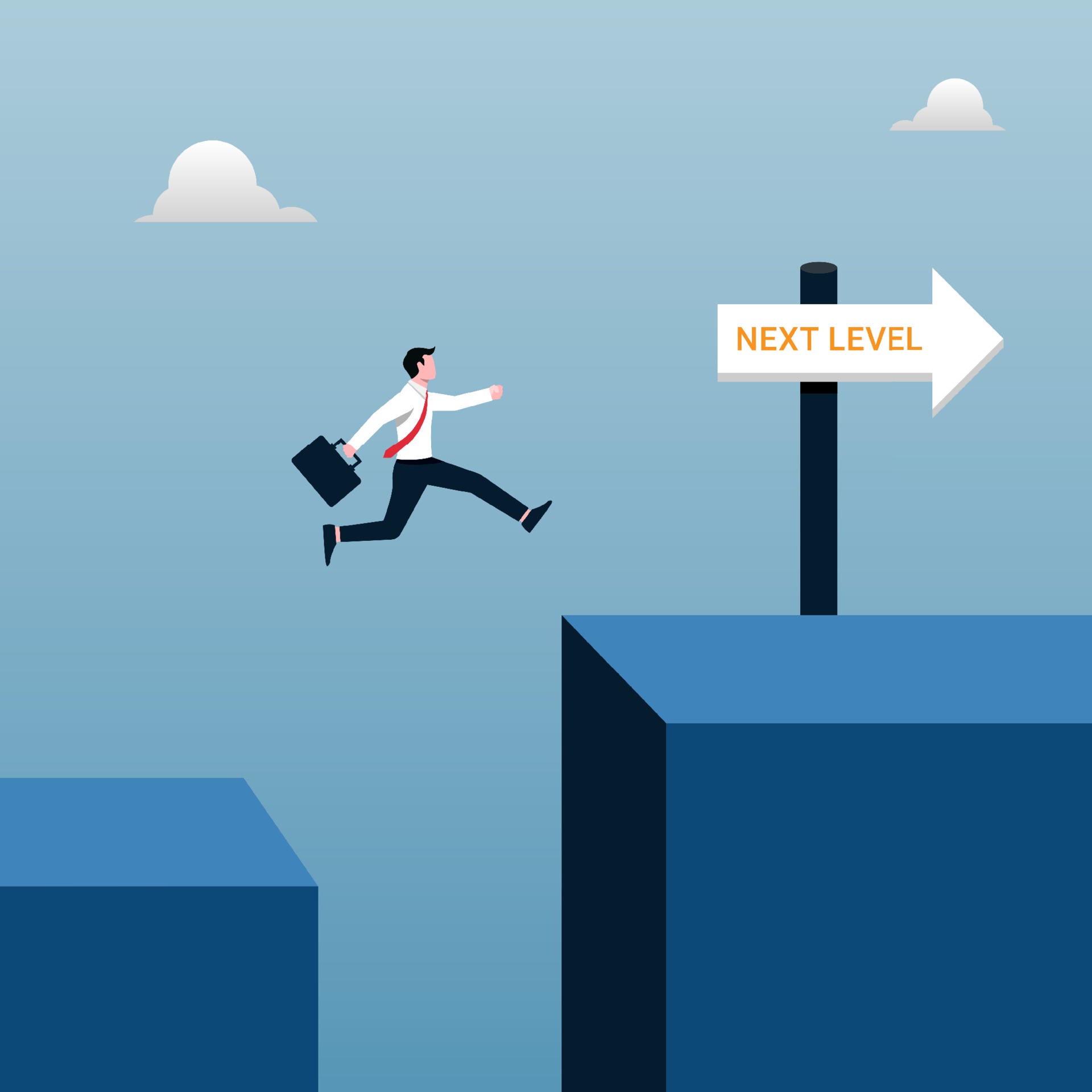 Next level success of business concept. Businessman jumping to achieve goal illustration.